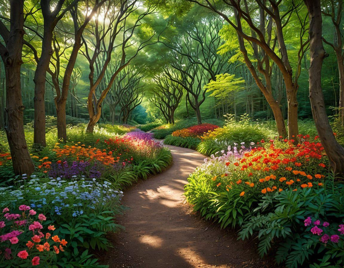 An abstract visualization of a heart-shaped pathway leading through a lush, vibrant forest, symbolizing the journey of exploring sexual health and pleasure. Along the path, diverse couples engage in intimate, loving gestures, surrounded by blooming flowers that represent growth and understanding. Soft, warm light filters through the trees, creating a serene atmosphere of trust and connection. The overall image should evoke feelings of warmth, intimacy, and exploration. vibrant colors. soft lighting. abstract art.