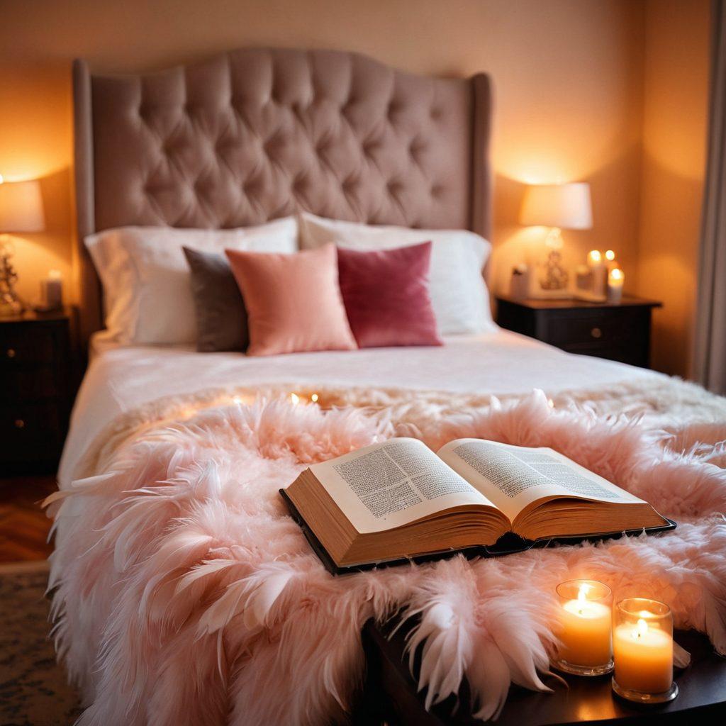 A serene bedroom setting, softly lit with warm hues, featuring diverse intimate objects like a feather boa, sensual candles, and plush cushions arranged thoughtfully. A cozy nook with an open book on intimacy, symbolizing exploration and empowerment. A subtle outline of a couple's silhouette in the background, representing connection and pleasure. ethereal glow. soft focus. vibrant colors.