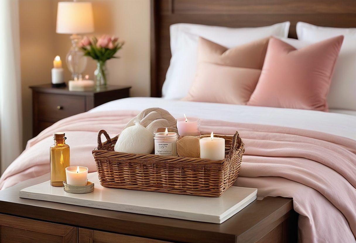 A serene and inviting bedroom scene that highlights intimacy and sexual wellness, featuring soft lighting, plush pillows, and elegant decor. Include a basket with sensual wellness products, such as candles and essential oils, along with a cozy, inviting atmosphere. Integrate warm, soothing colors to evoke comfort and pleasure. super-realistic. soft focus. vibrant colors.